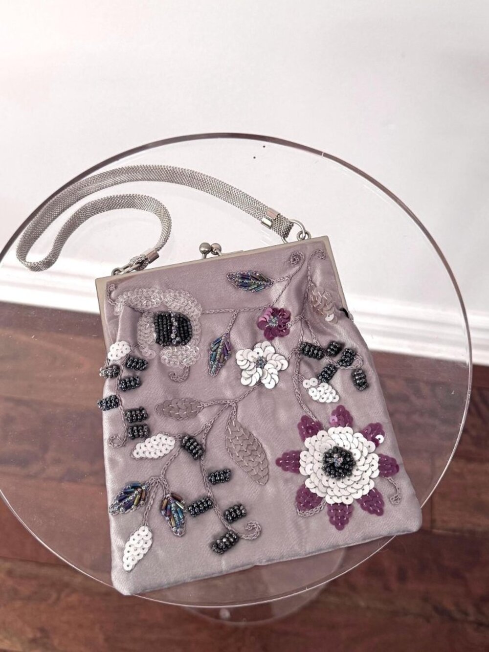 Vintage grey silver floral beaded sequin embroidered small micro evening bag